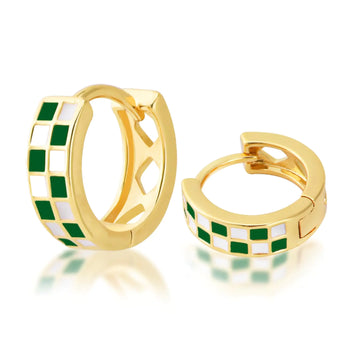 Green Checkered Enamel Hoop Earrings